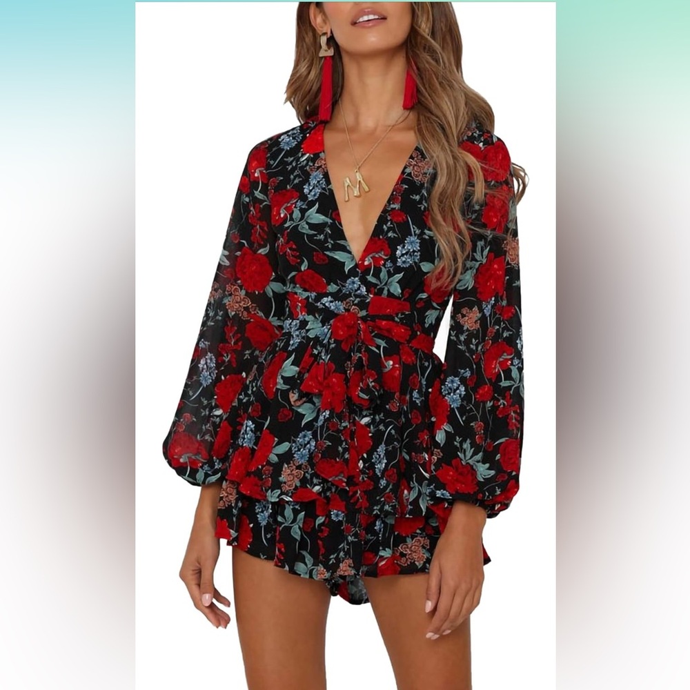 Floral V-Neck Long Sleeve Ruffle Hem Romper Jumpsuit Waist Tie - Medium